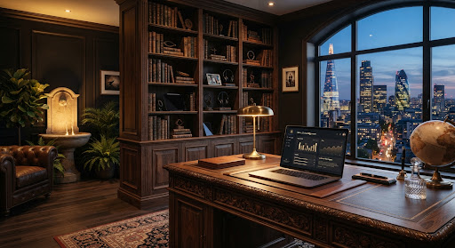 A library study with a wooden desk and a laptop