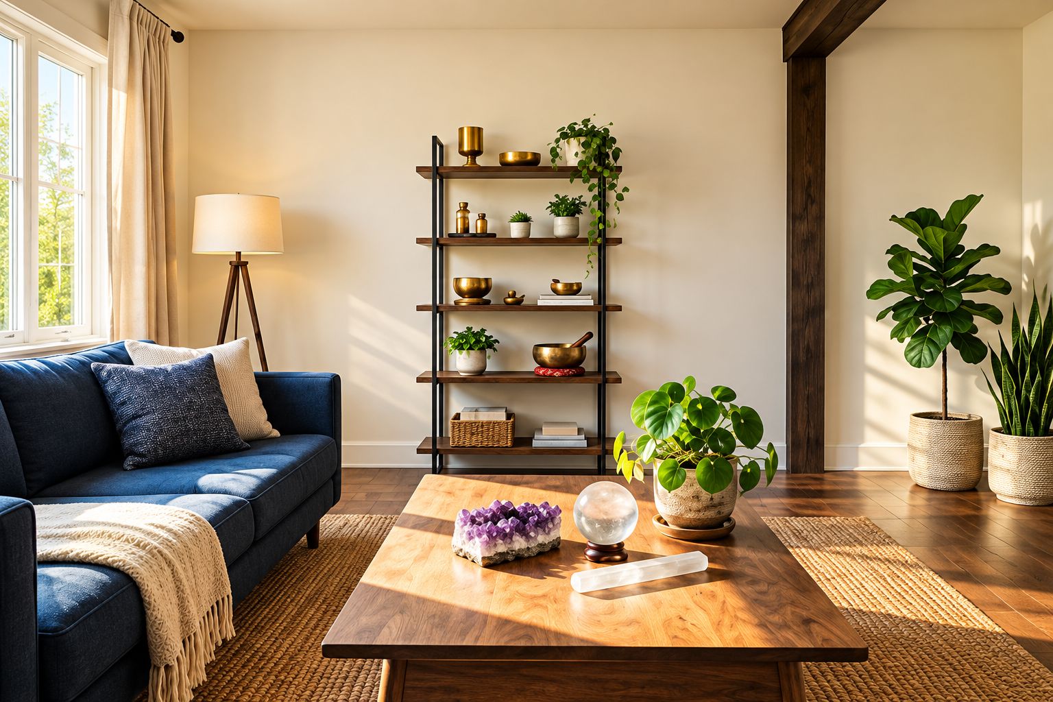 A calm living space with a crystal pyramid on the coffee table